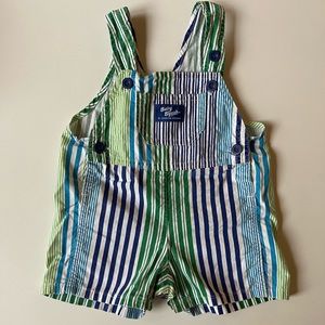 Vintage OshKosh B’gosh Vestbak green blue & white striped overalls - 6/9 months